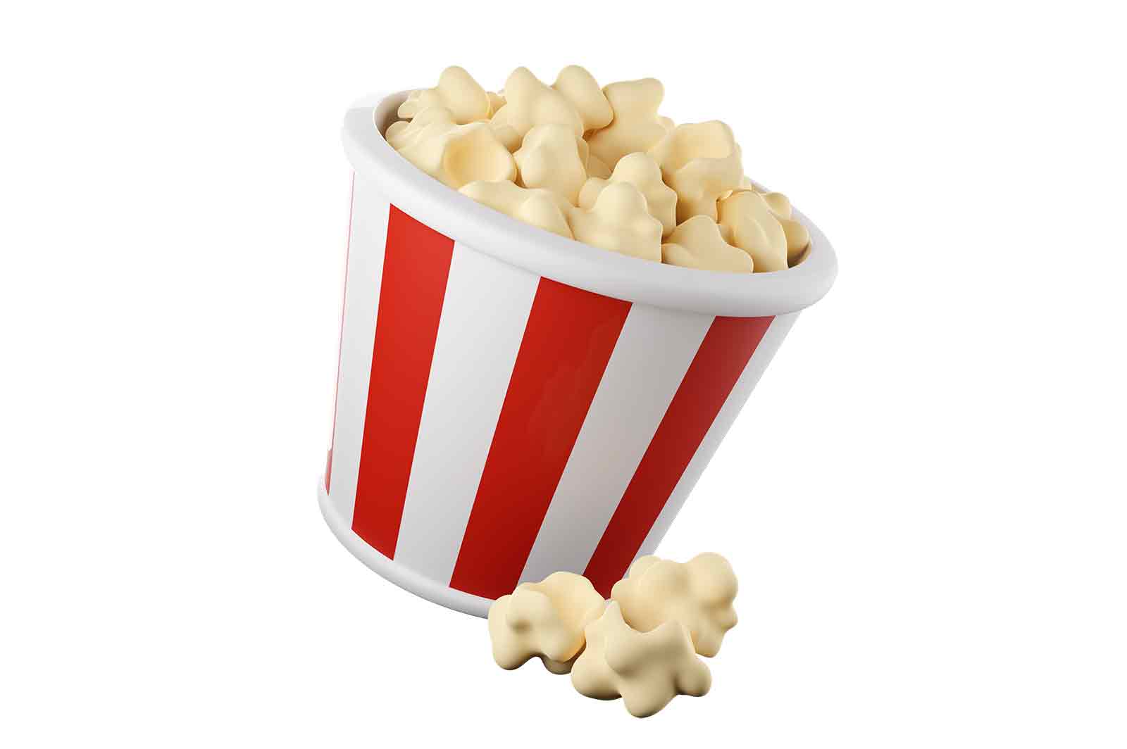 Popcorn in paper striped bucket 3d rendered illustration. Corn snacks paper cup. Watching tv or cinema fast food concept
