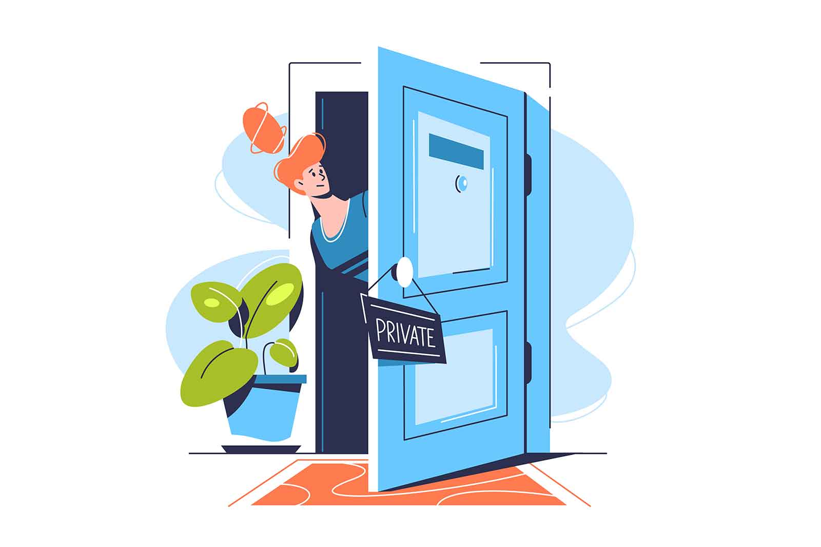 Privacy - woman looks out from behind a door on which a sign hangs Private, vector illustration. Privacy concept.