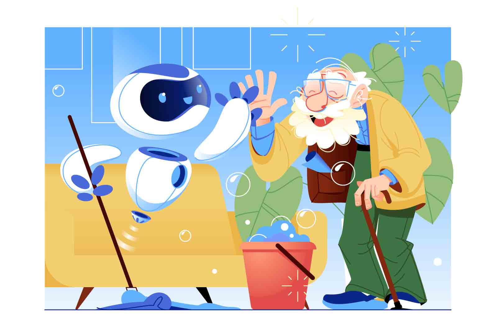 Robot assistant for elderly people, concept vector illustration. Robot helps old man to clean appartment.