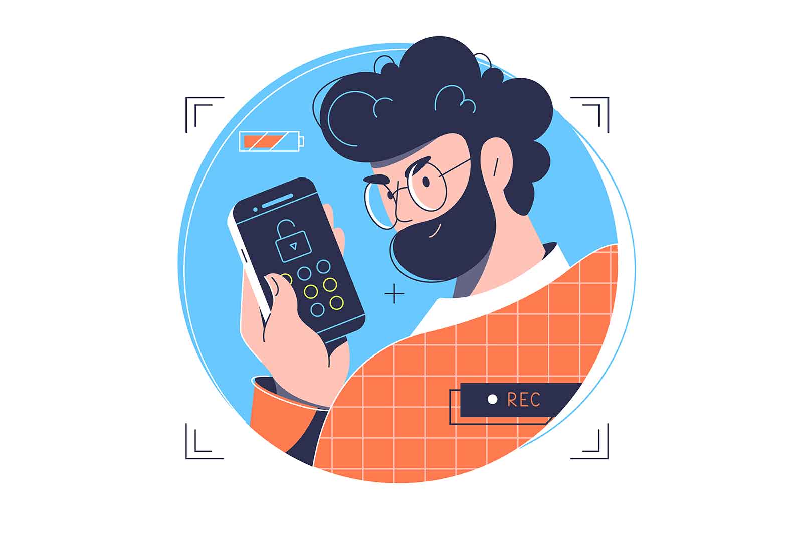 Man looking on locked phone screen with password request, vector illustration. Security and personal data safety concept.