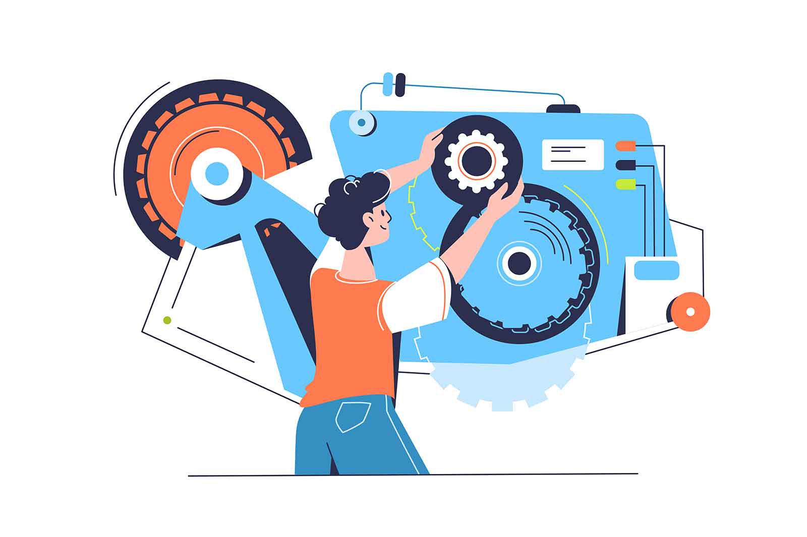 Man manage complex mechanism, vector illustration. Correcting gears and managing concept.