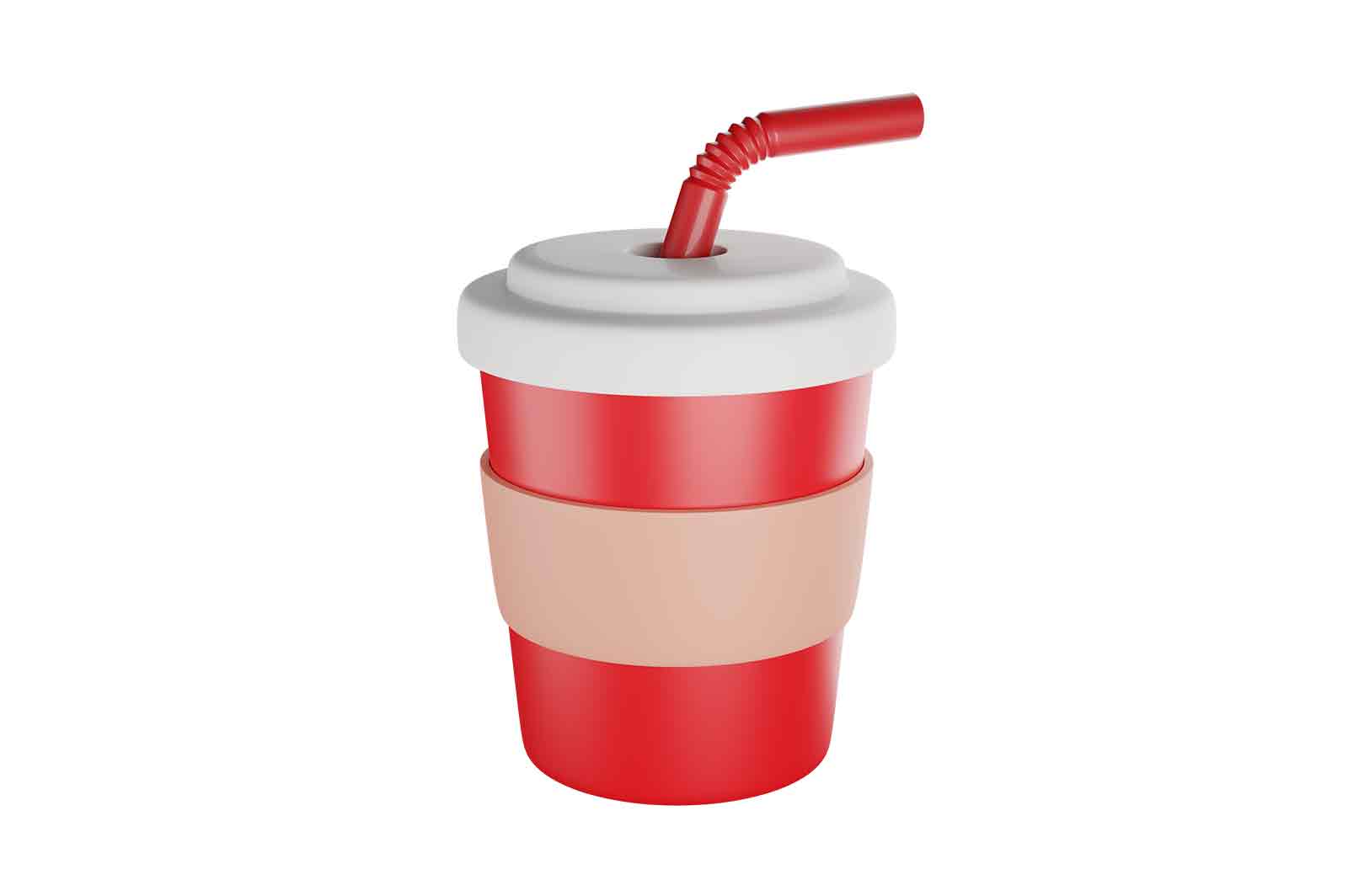 Paper, plastic beverage cup 3d rendered icon illustration. Cup with straw for soda, juice, coffee or tea concept
