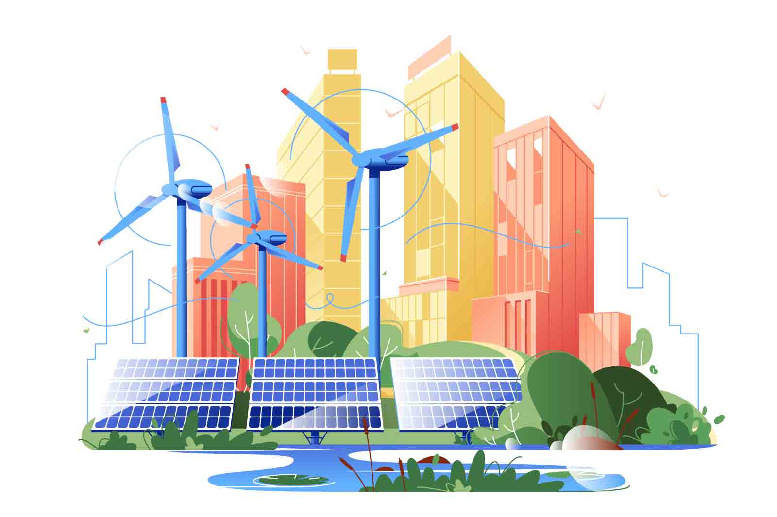 Solar powered city, vector illustration. Green energy concept with skyscrapers and solar panels.