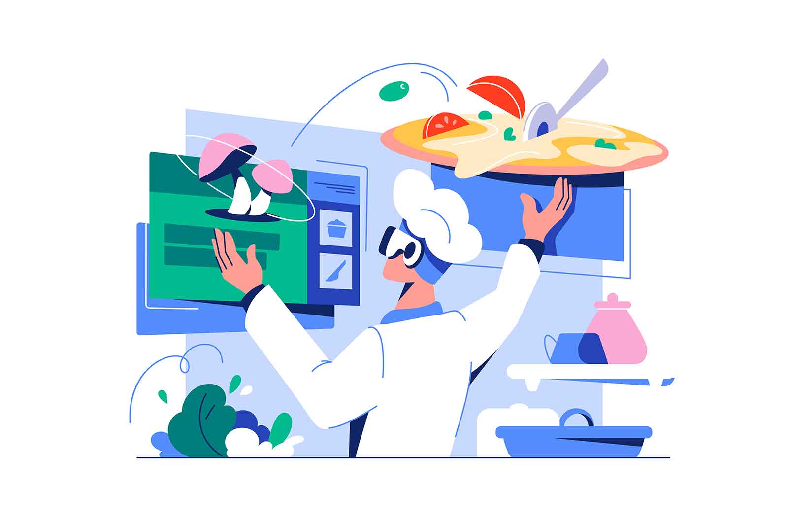 Сhef cooks pizza in virtual reality, vector illustration. Man use VR set in UI for cooking food.