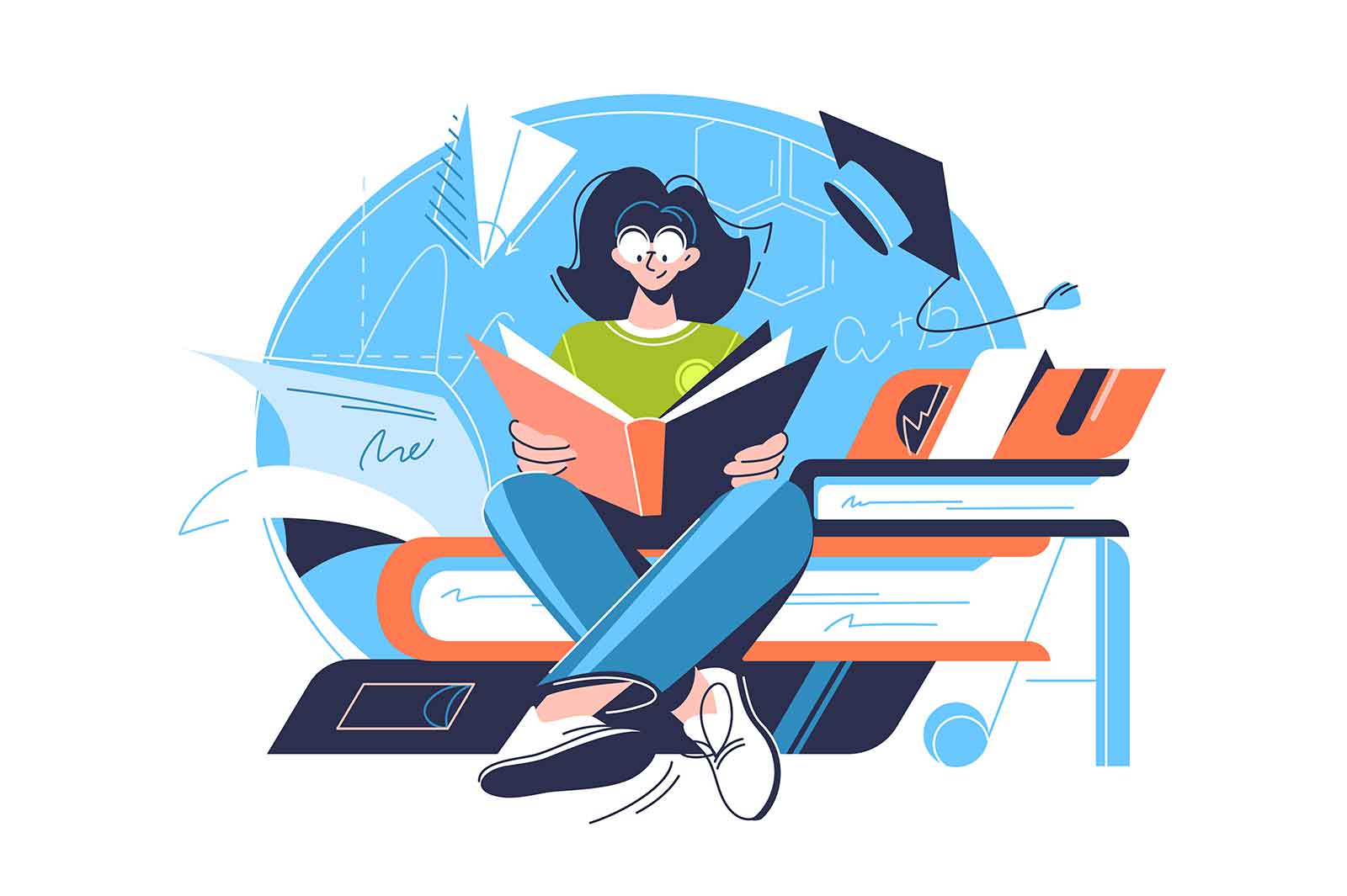 Girl sits on giant books and read book. Science and aducation concept vector illustration.