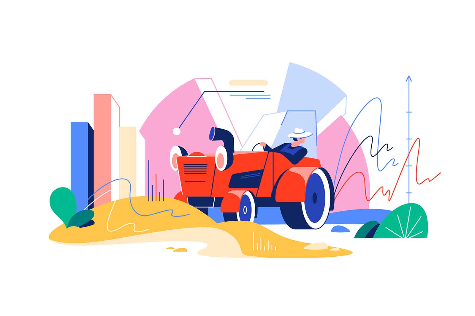 Agricultural tractor with driver is engaged in harvesting, against the background of infographics, vector illustration.