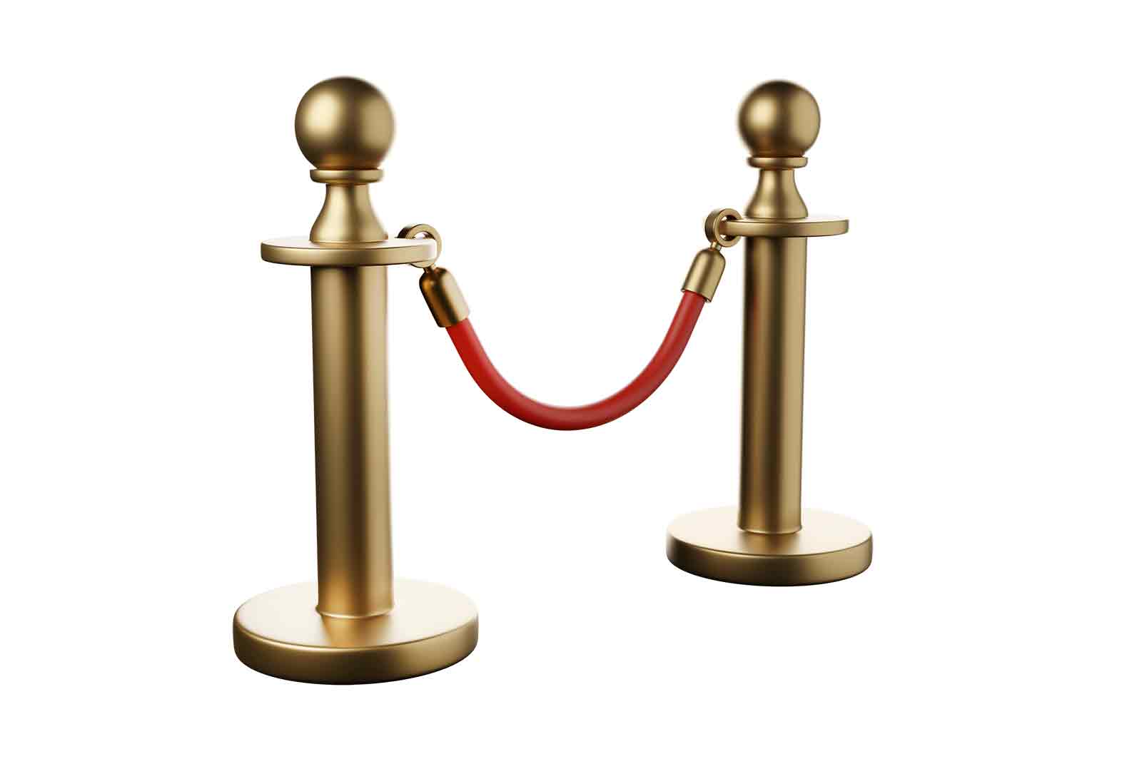 Barrier with rope and gold poles 3d rendered illustration. Fence for red carpet or vip event, museum or gallery stanchion, night club entrance security fencing