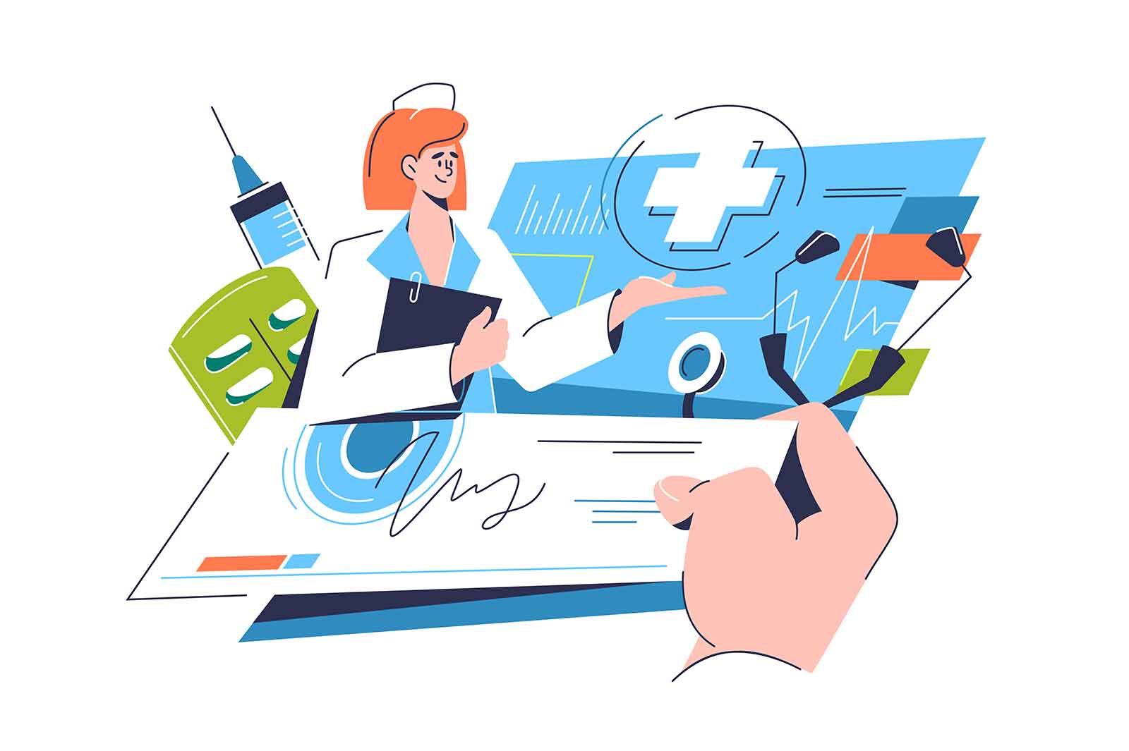 Nurse and prescription for medications, vector illustration. Health care concept