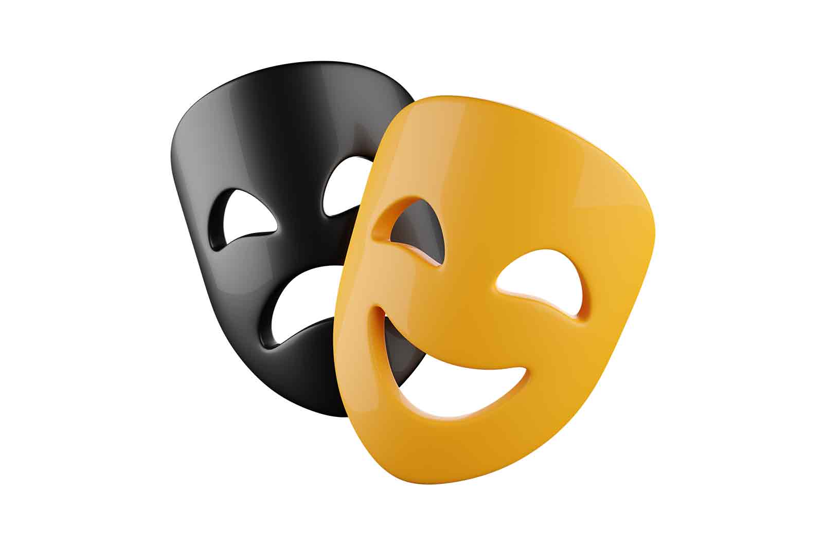 Yellow and black theater masks 3d rendered illustration. Happy smiling and sad masks. Entertainment event concept