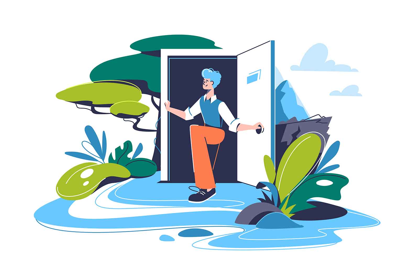 Man walks out of door into nature, vector illustration. Access to nature in modern world, concept.