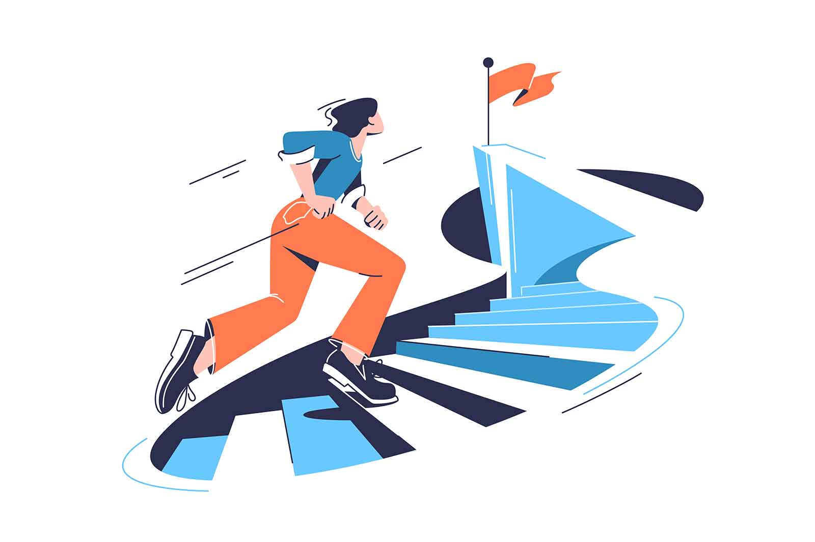 Woman running towards top on stairs to the goal, vector illustration. Personal grow concept.