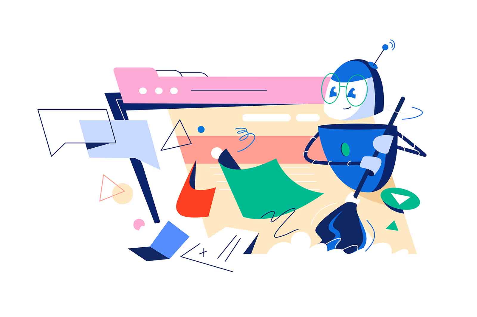 The robot cleans a littered web page, vector illustration. A friendly robot puts things in order on the site.