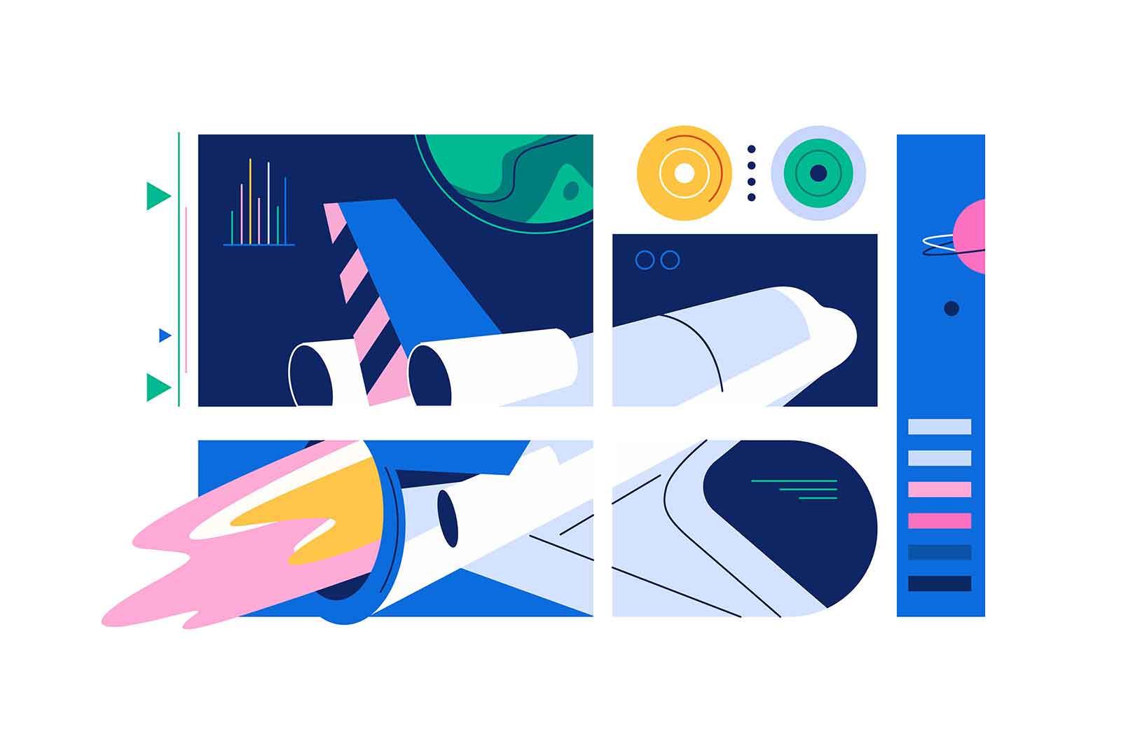 Spaceship flies in outer space, vector illustration. Abstract spaceship with infographics elements