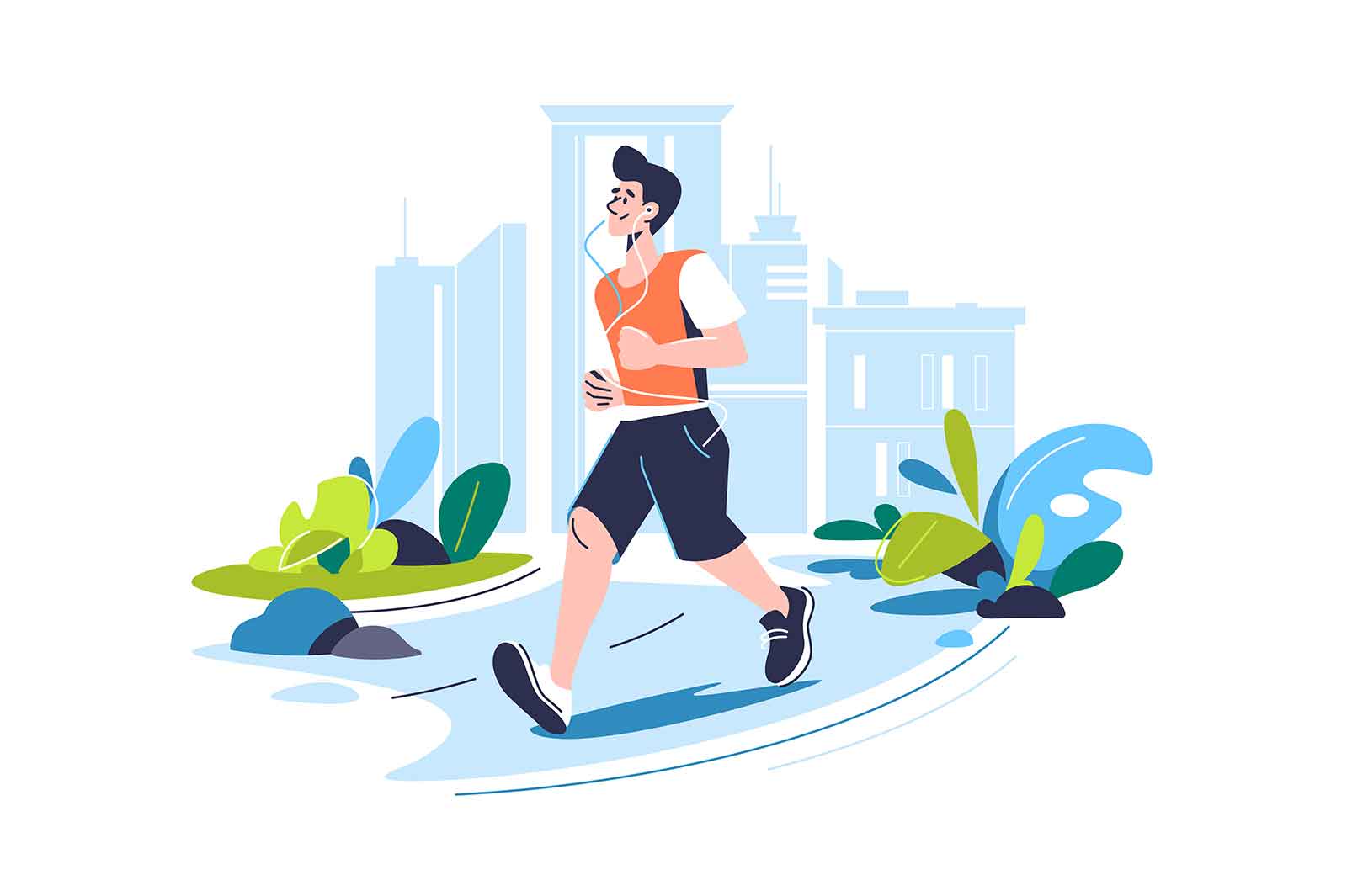Man on morning jog in city park, vector illustration. Sport and recreation concept.
