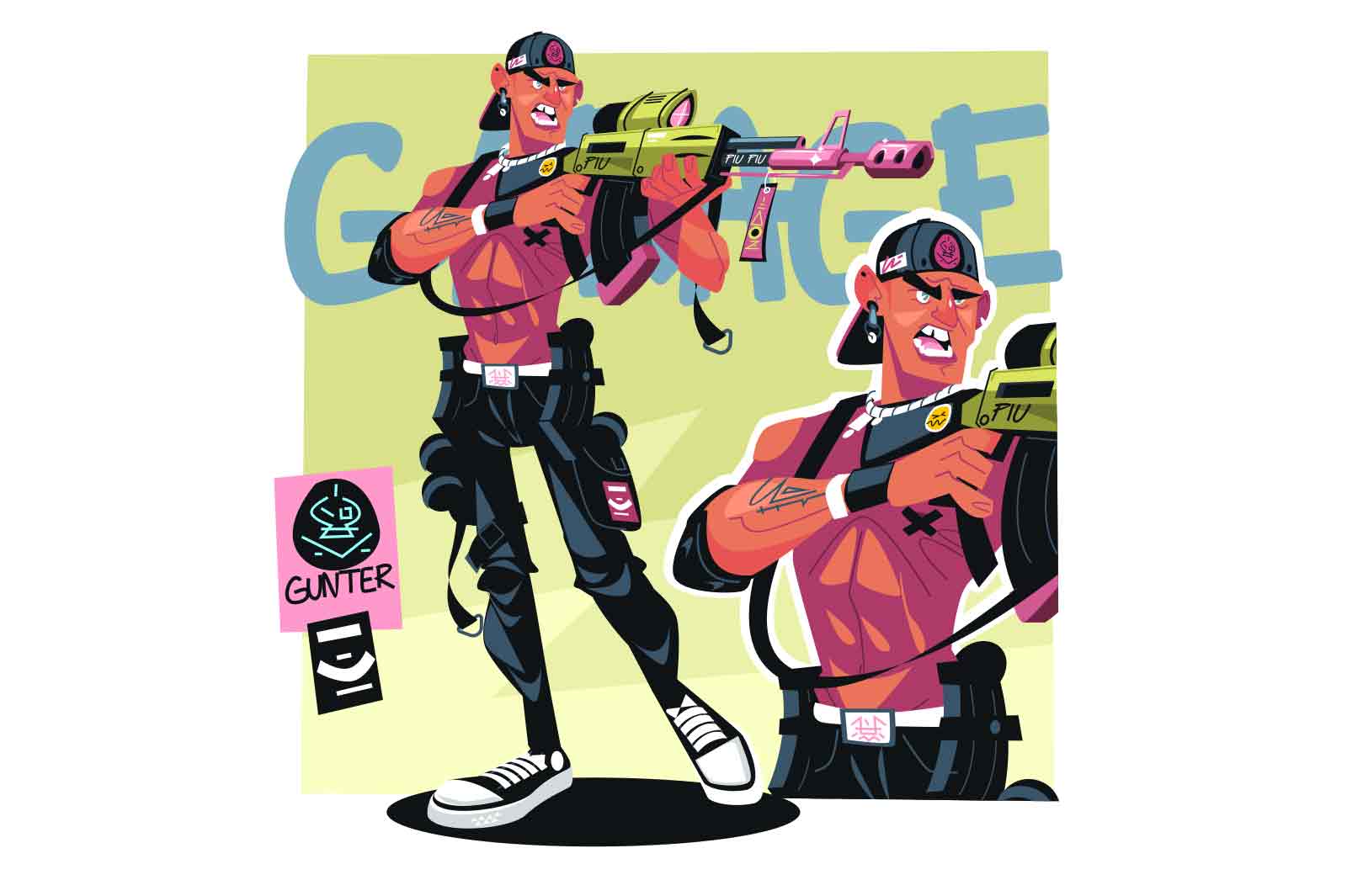 Aggressive gangster with machine gun in hands took aim, vector illustration.
