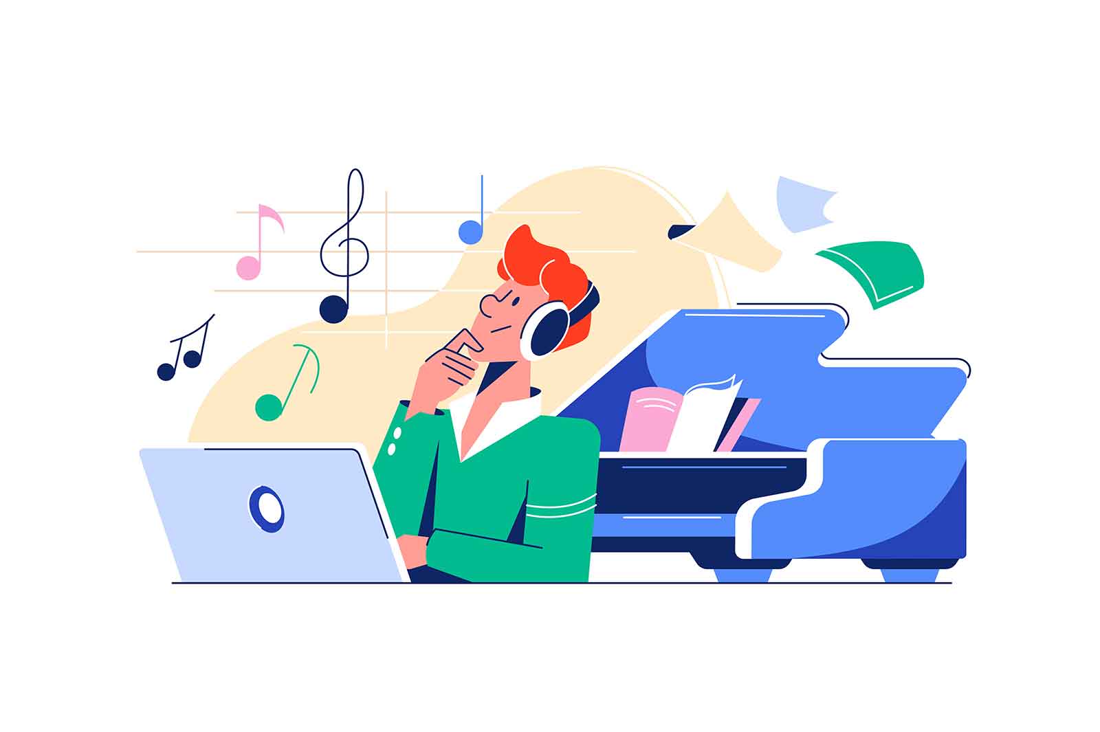 Music producer composes music sitting by table with piano background, vector illustration.