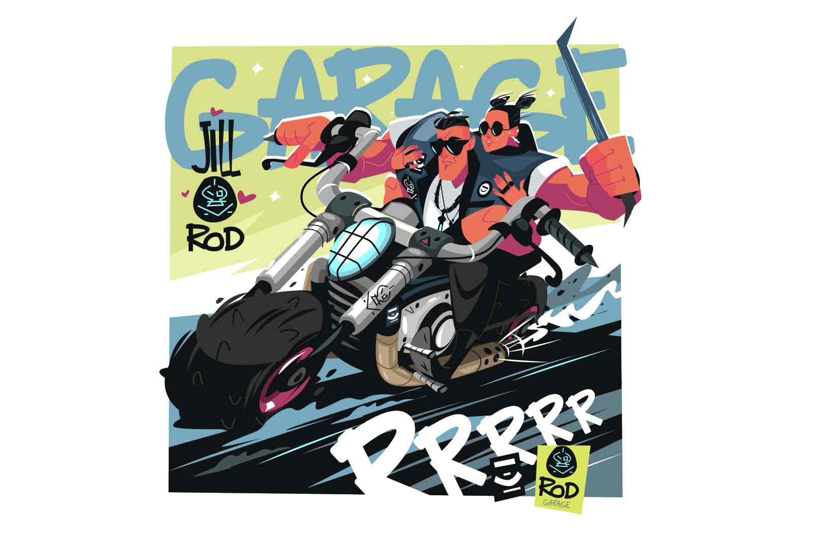 Aggressive biker with crowbar in hand rides motorcycle with girl behind, vector illustration.