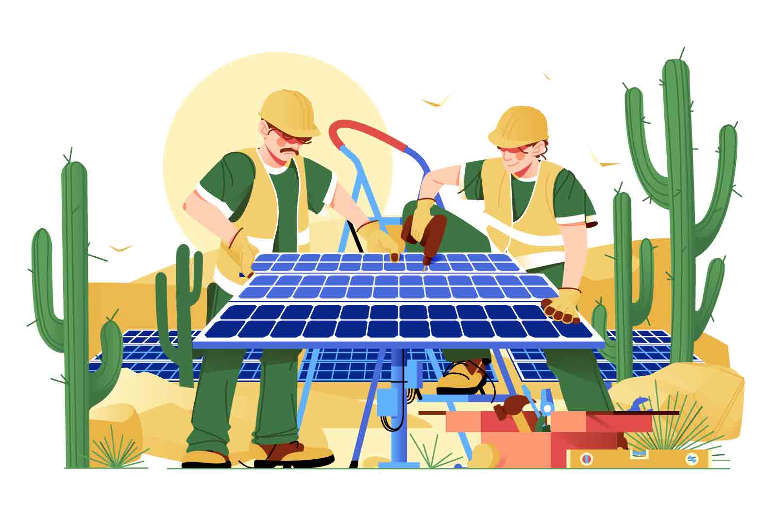 Workers install solar panel in desert, vector illustration. Solar energy generation concept.