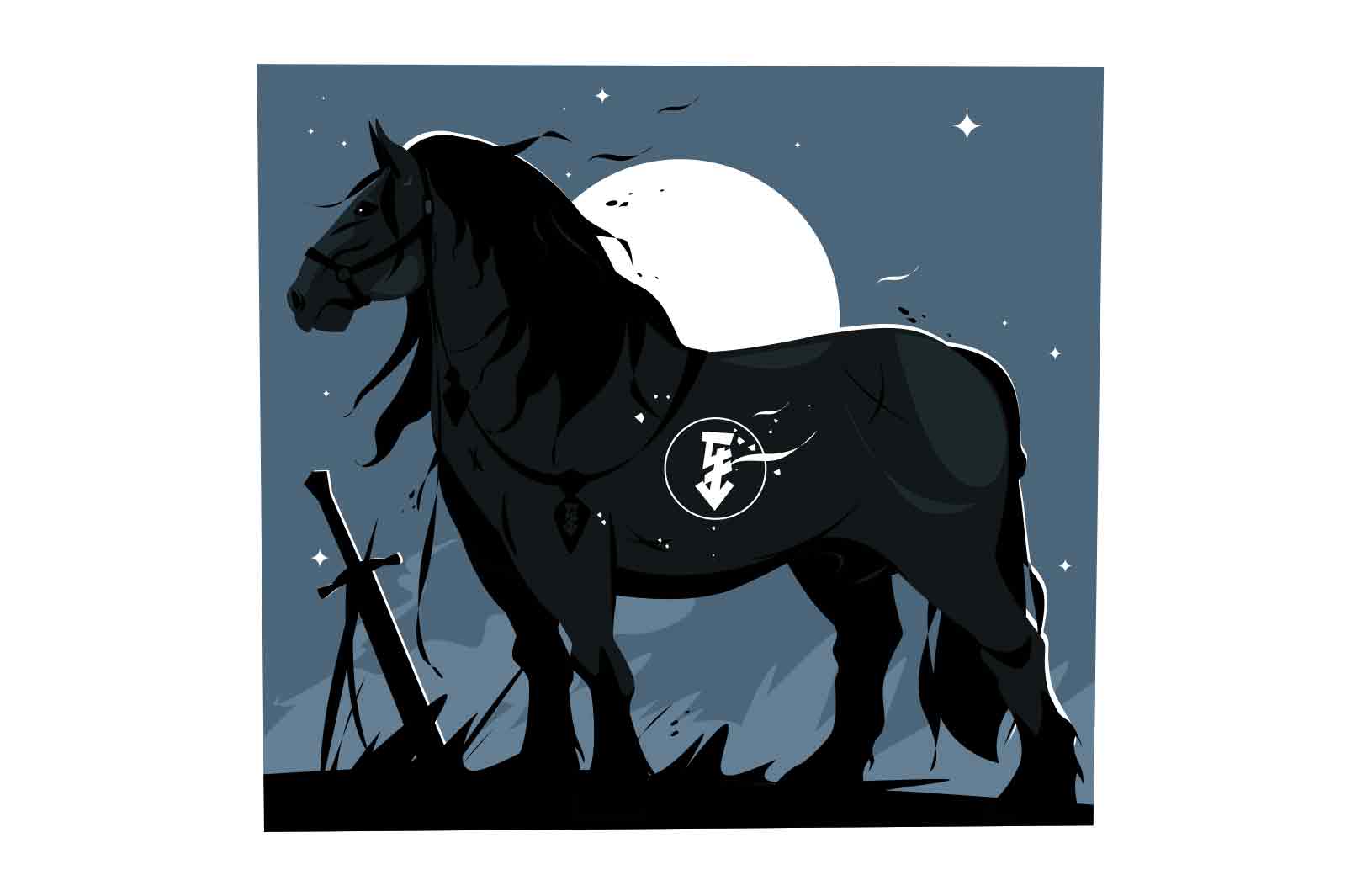 Strong horse stands tall at night in front of sword stuck in ground, vector illustration.