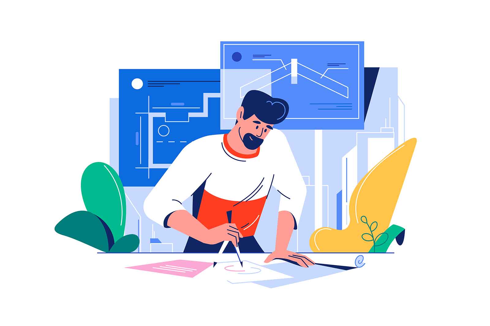 Architect designs building plan, vector illustration. Man architect working in office with blueprints on table and behind him.