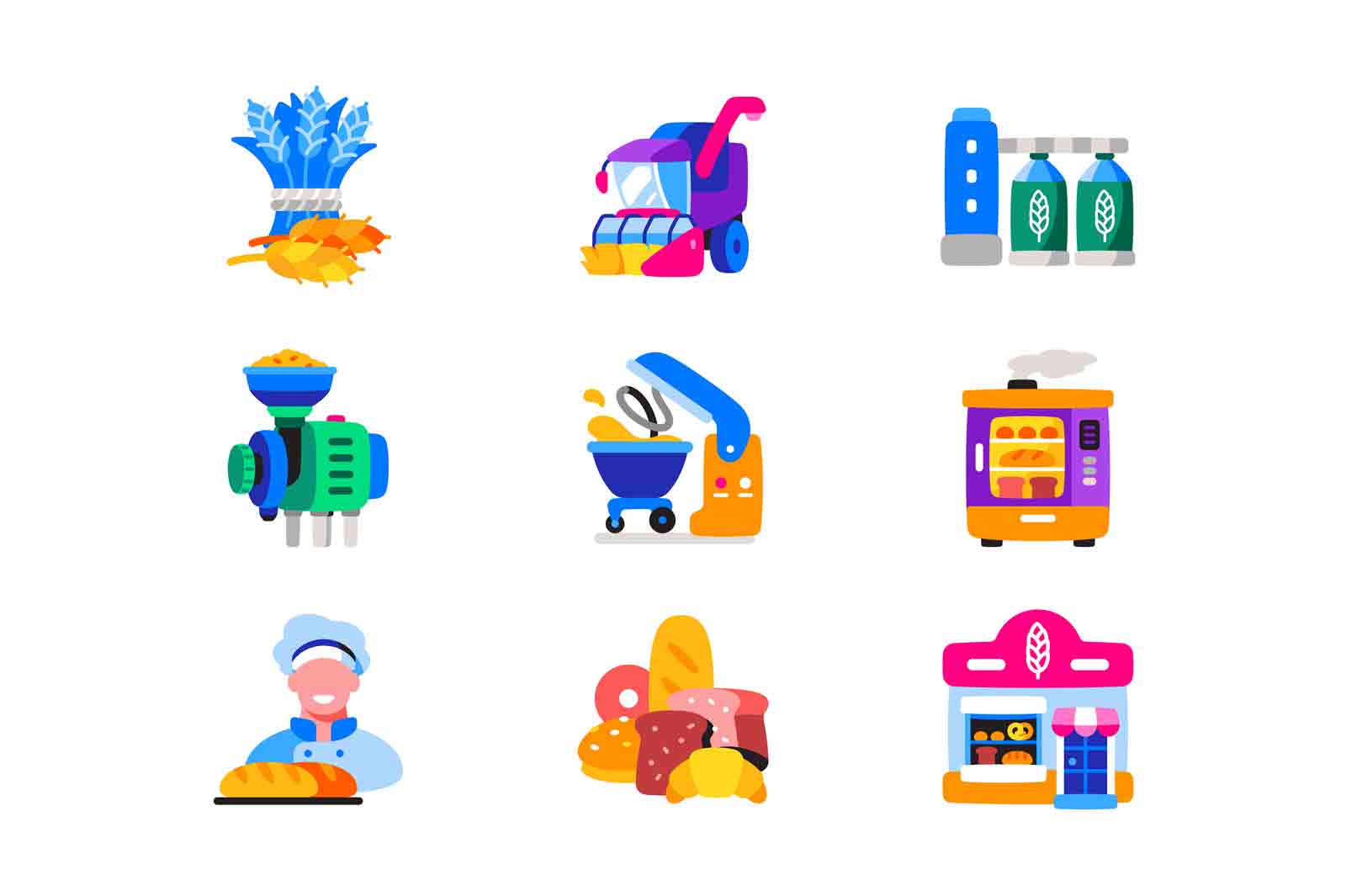 Bread and wheat vector icons set. Cultivation, production and use of bread and wheat concept.