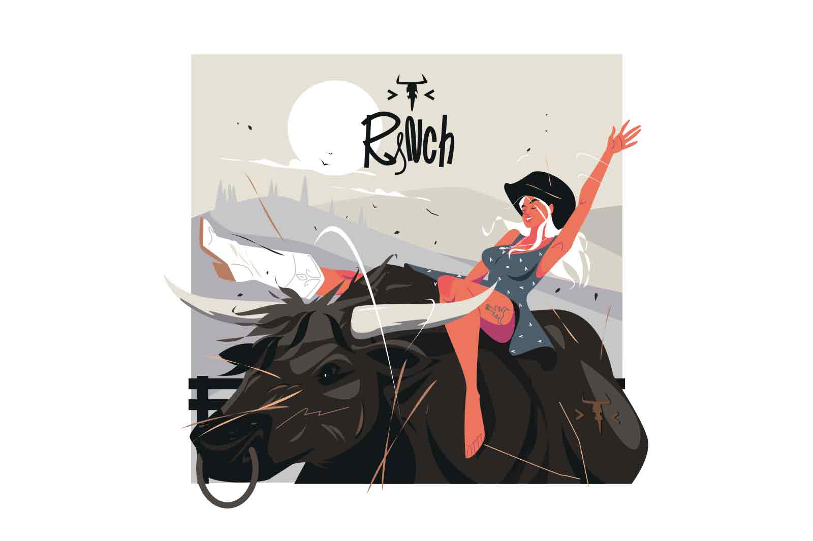 Girl saddled bull, vector illustration. Bull Taming Show