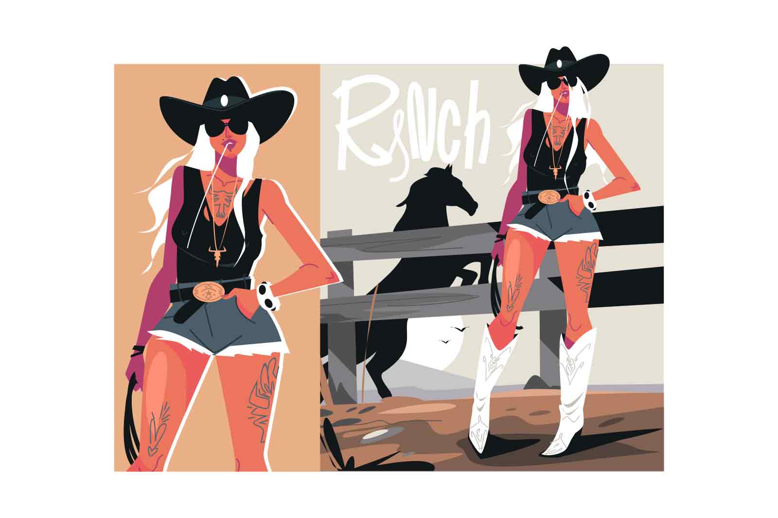Girl in cowboy hat standing near fence, vector illustration. Woman on rancho with horse rears up behind her.