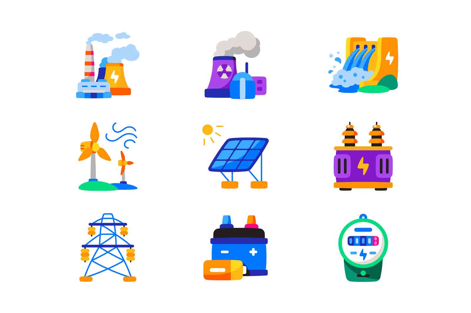 Electricity generation and distribution vector icons set. Energy production and renewable energy concept.