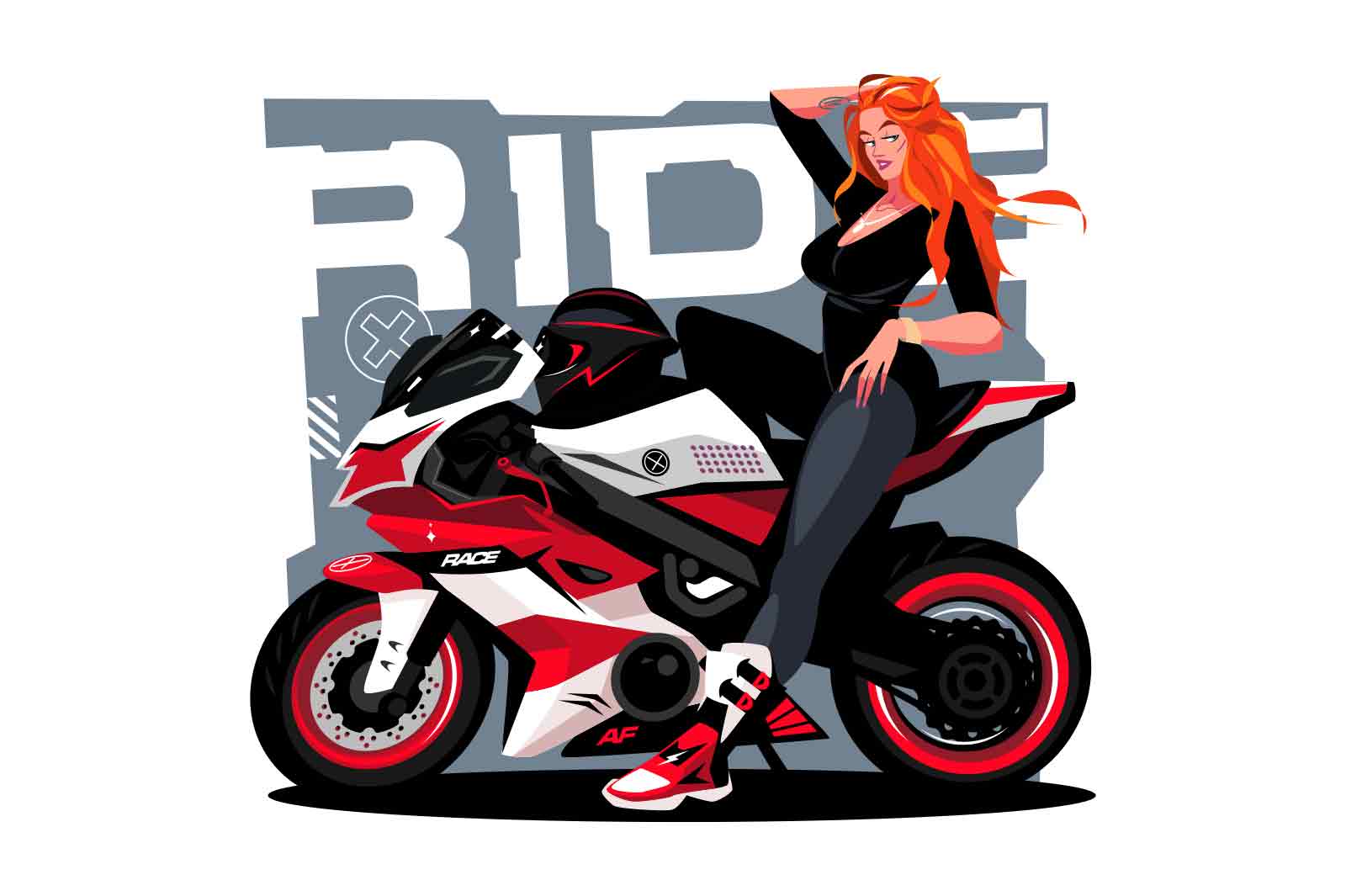 Woman sits on sport bike, vector illustration. The bike's sleek and bold design is apparent, with a scenic background