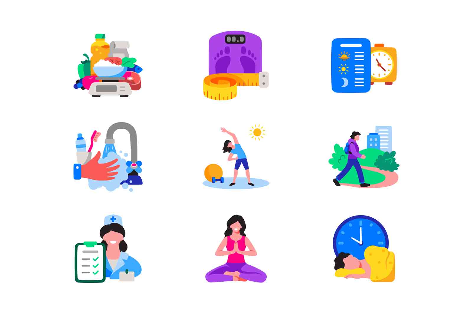 Healthy lifestyle icon set. Important aspects of healthy life, like stop and healthy food.