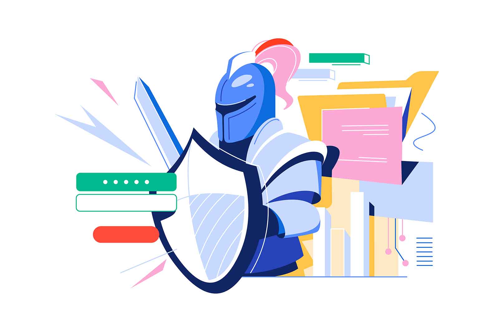 Knight in armor protect data with password, vector illustration. Knight with helmet, sword and shield in hands, stands in front of password form with documents and data behind his back. Digital security concept.