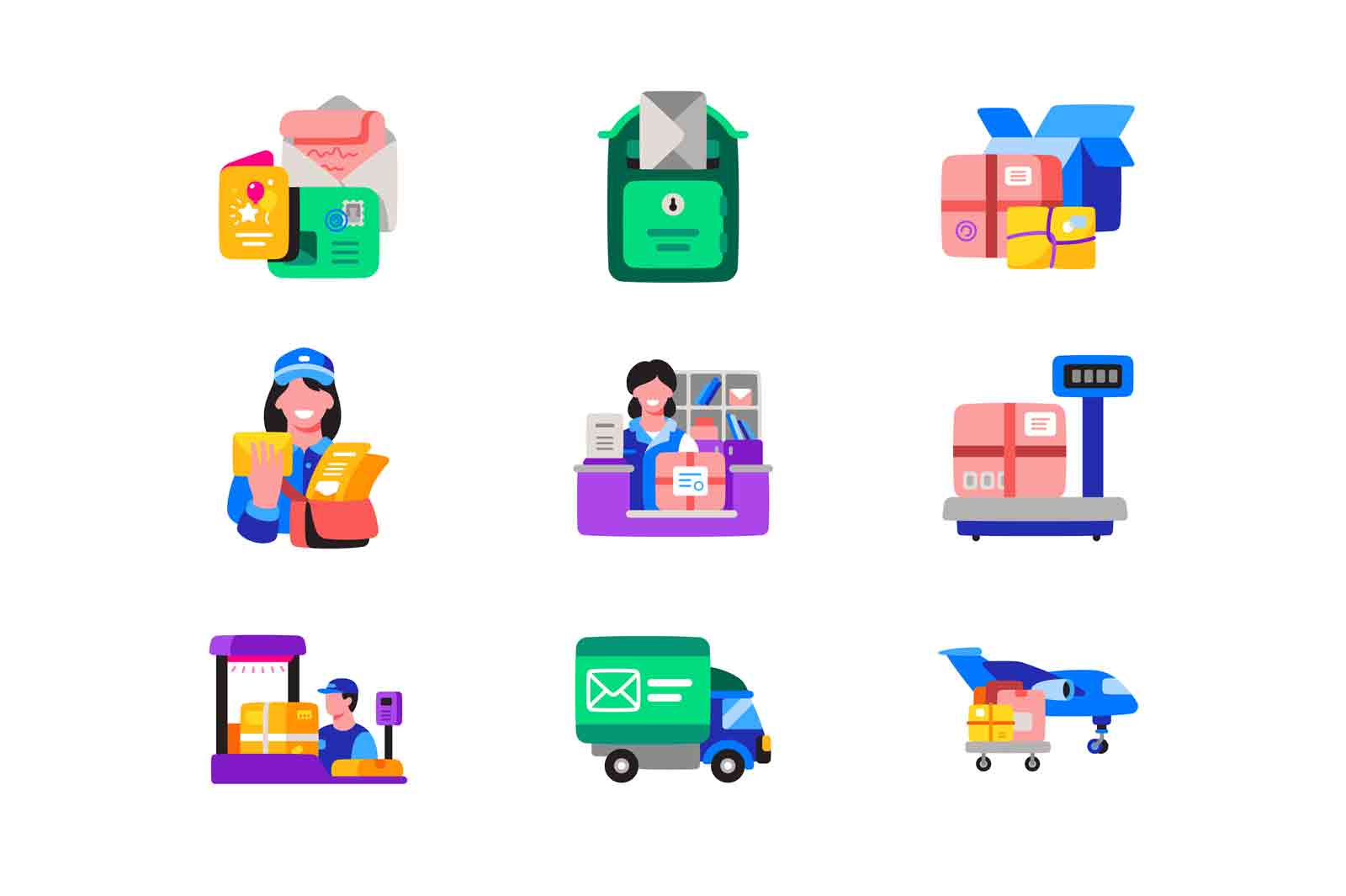 Mail service icon set. All types of mail delivery services that are available for people.