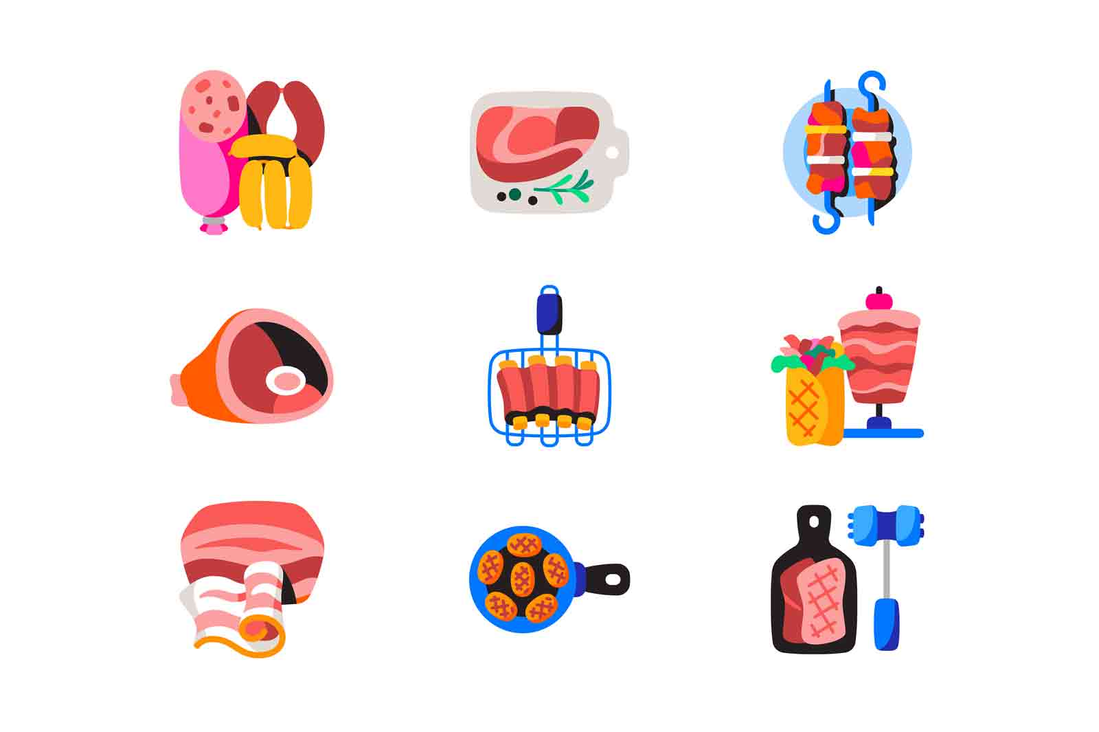 Meat products vector icons set. Cooking variants and various meat food samples.