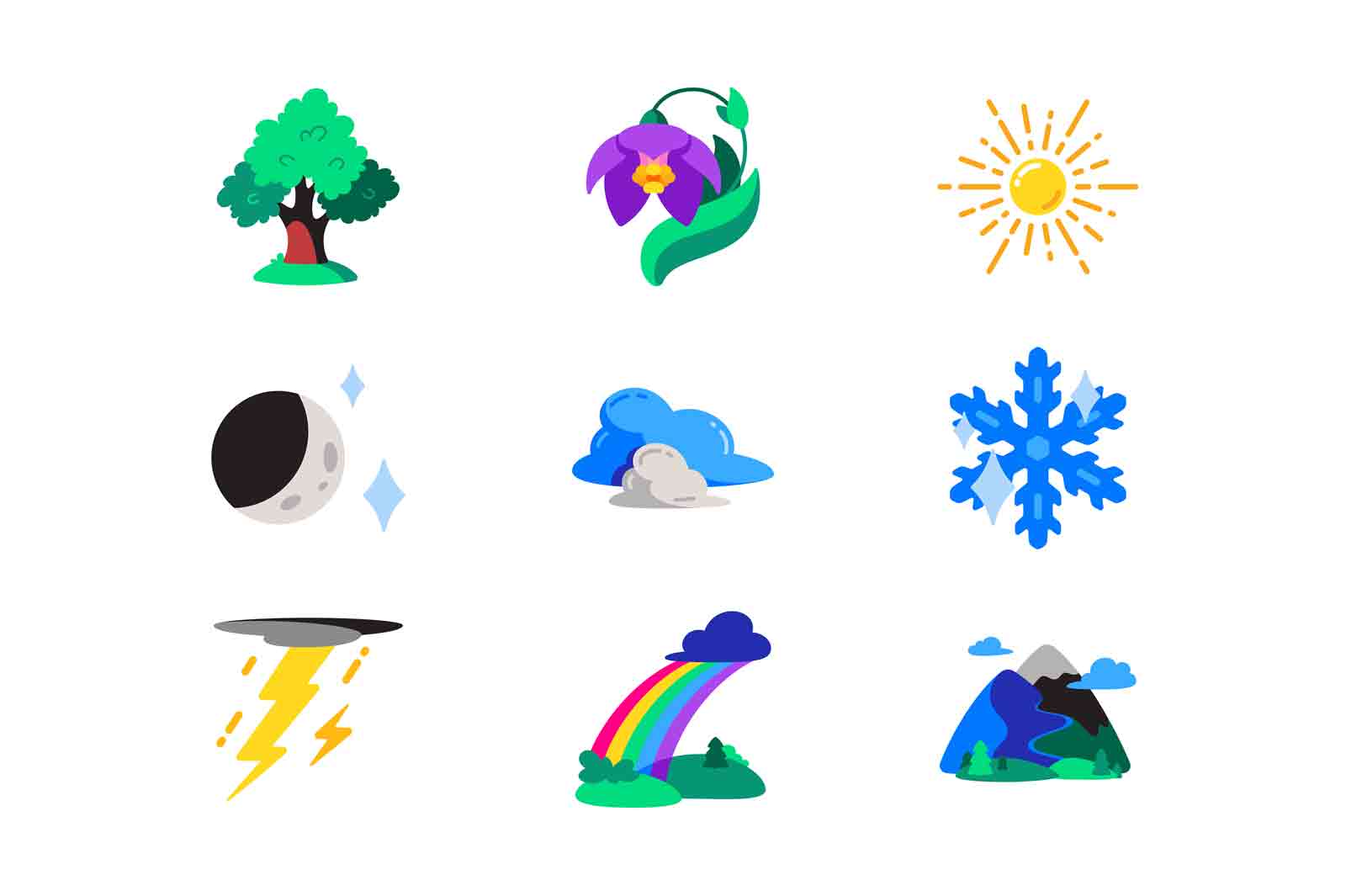 Nature and weather icon set. Natural objects and phenomenon from outdoors world vector icons.