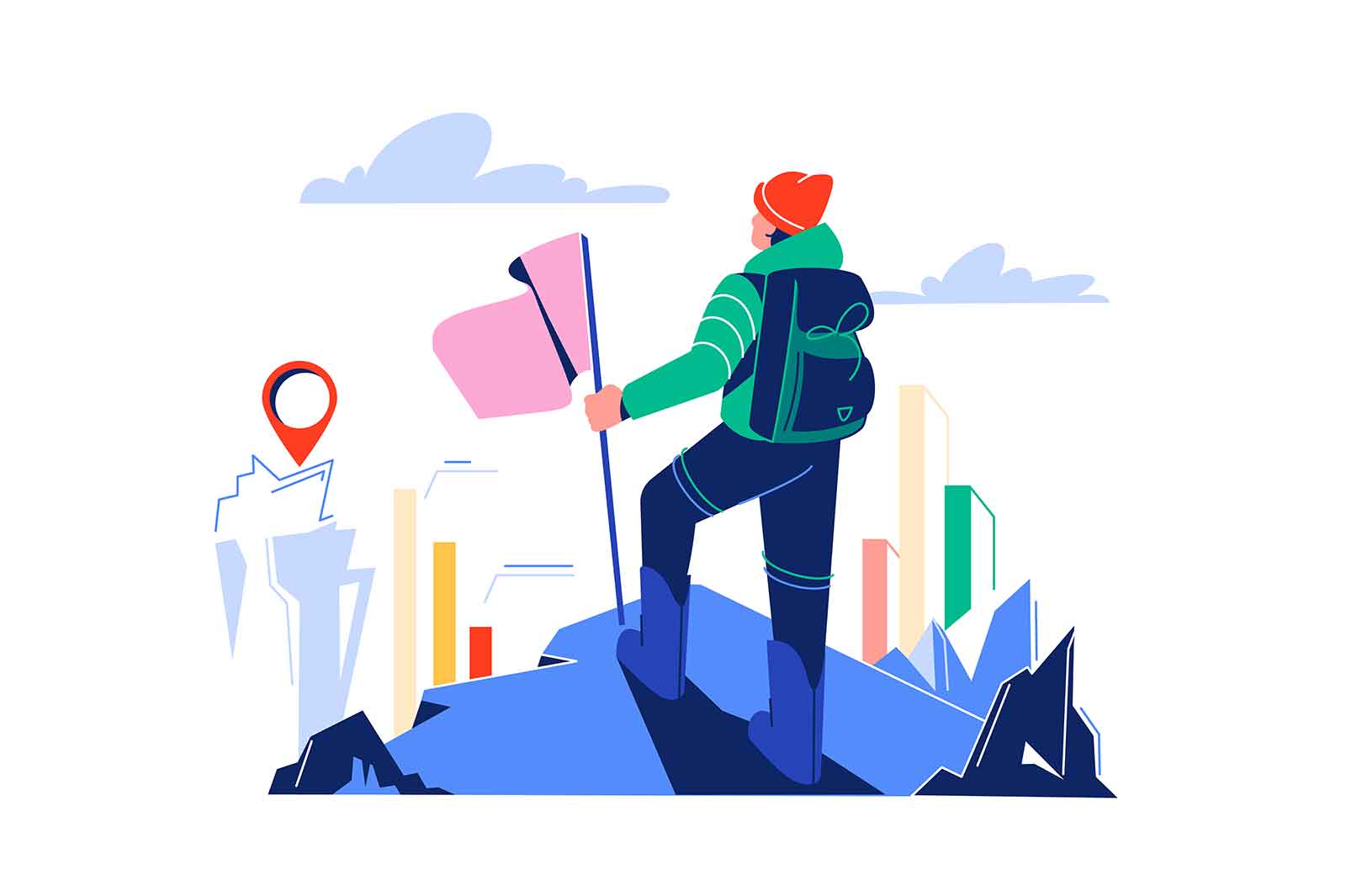 Traveler stands with flag on top of mountain and looks into distance at abstract infographic, vector illustration. Achieving goals concept.