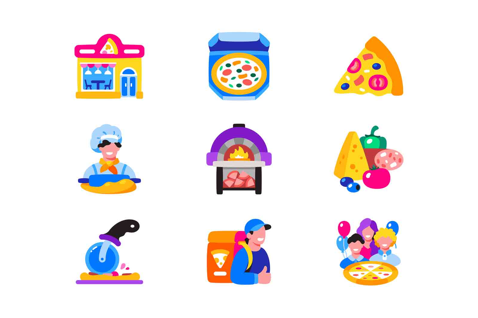 Pizza vector icon set. Cooking and deliver pizza to enjoy it with friends and family.