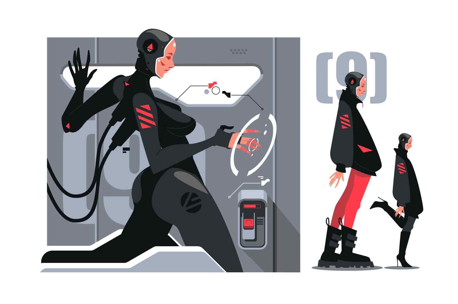 Futuristic cyborg woman wakes up from hyper-sleep, vector illustration. She is connected by wires and interacts with interface.