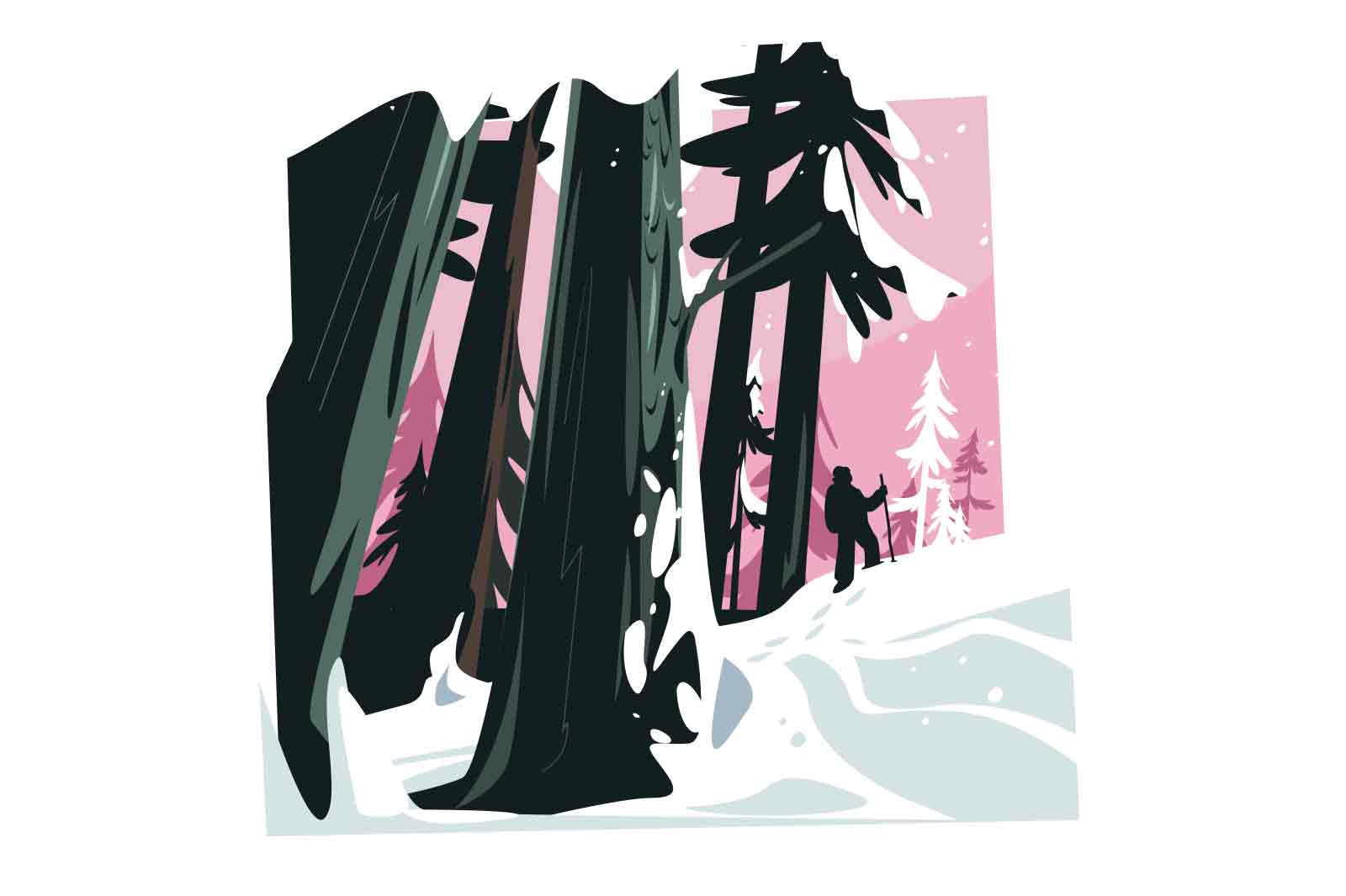 Winter forest with tall trees and snow-covered ground, vector illustration. A lone figure moves through the forest.