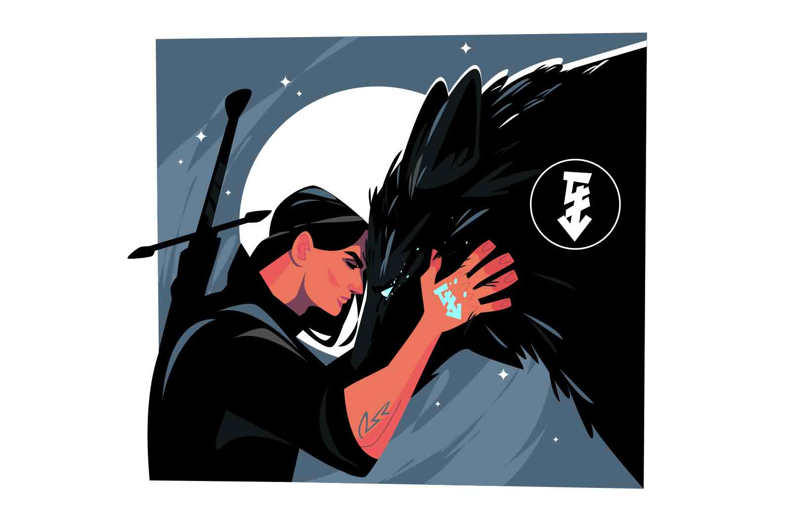 Warrior with sword bowed before wolf, vector illustration. Brave man character communicate with mythical animal.