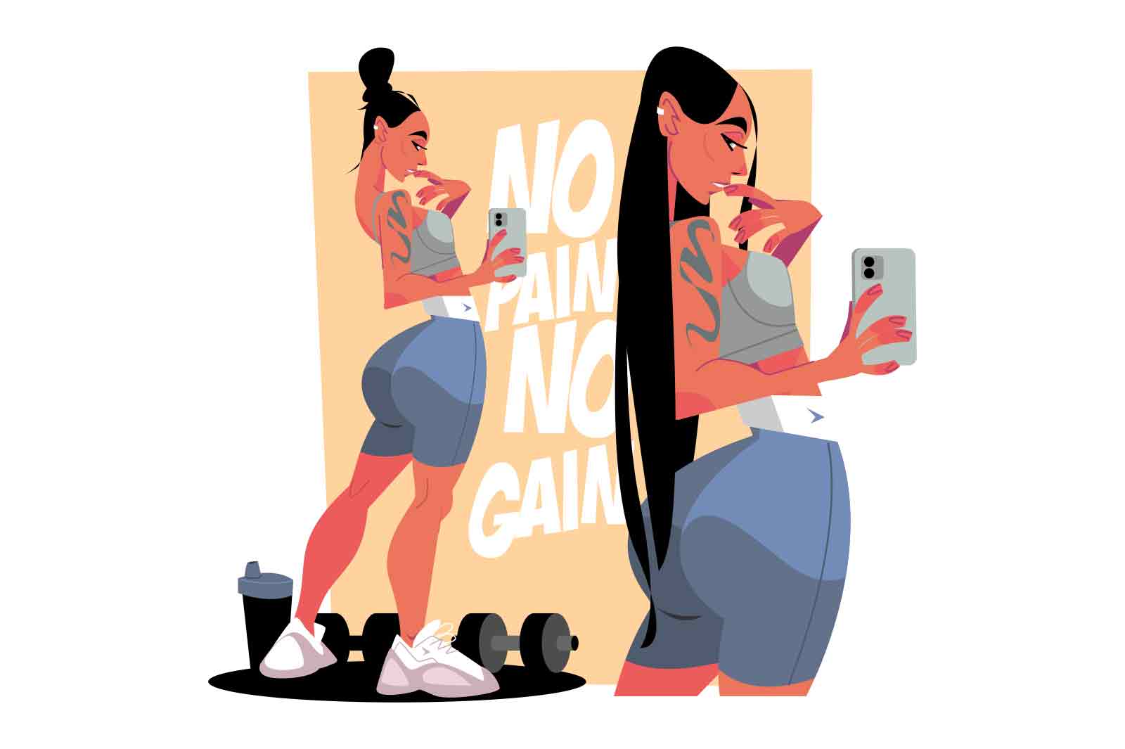Girl doing selfie in gym, vector illustration. Talking photo for social networks during sports session.
