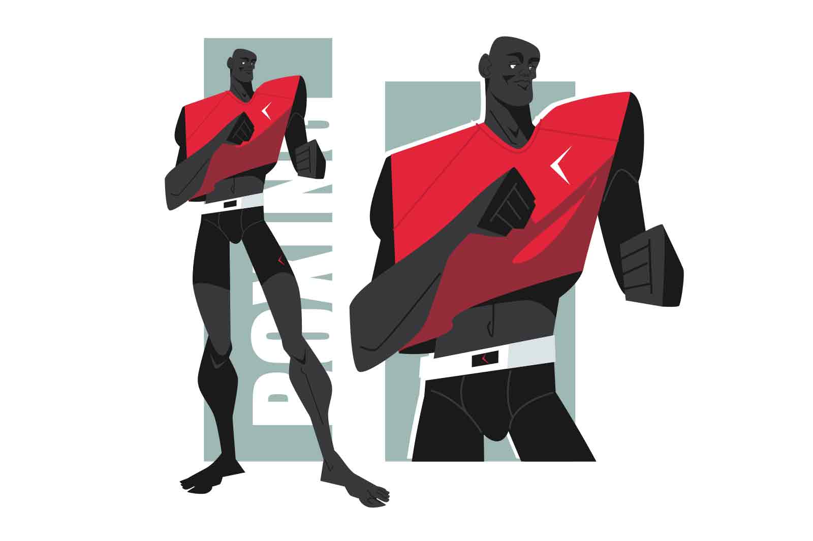 Boxer preparing to fight, vector illustration. Tall guy in sport clothes accercises boxing moves.