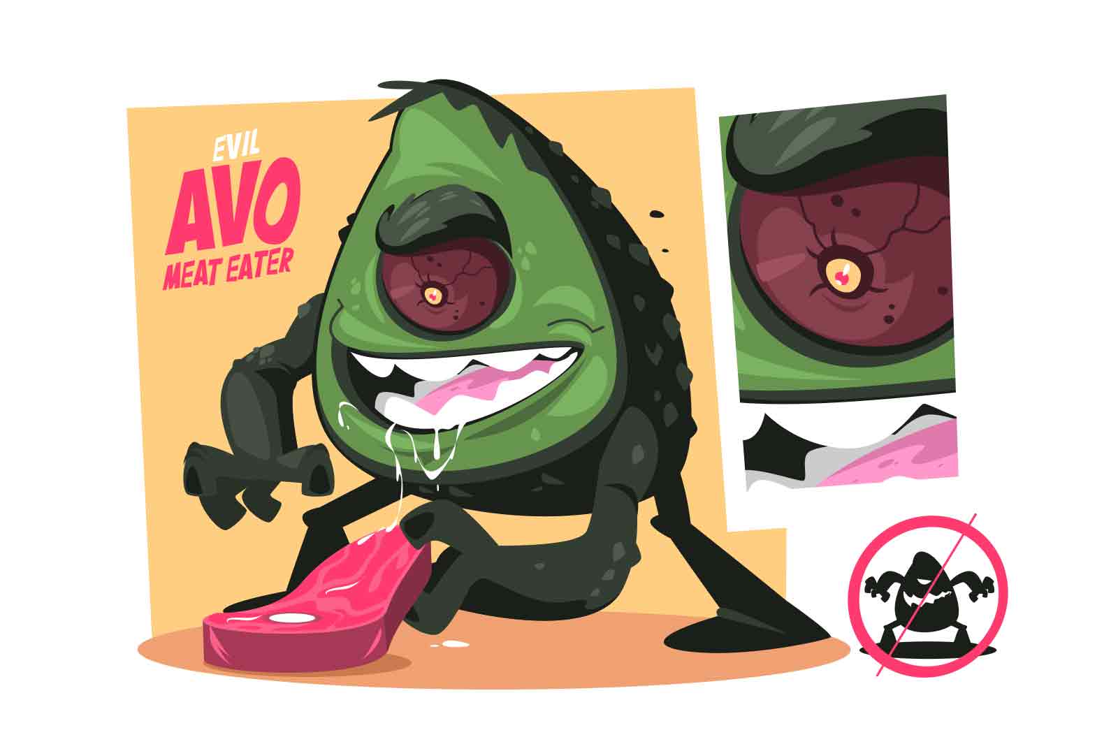 Cartoon monster character Avocado eating meat