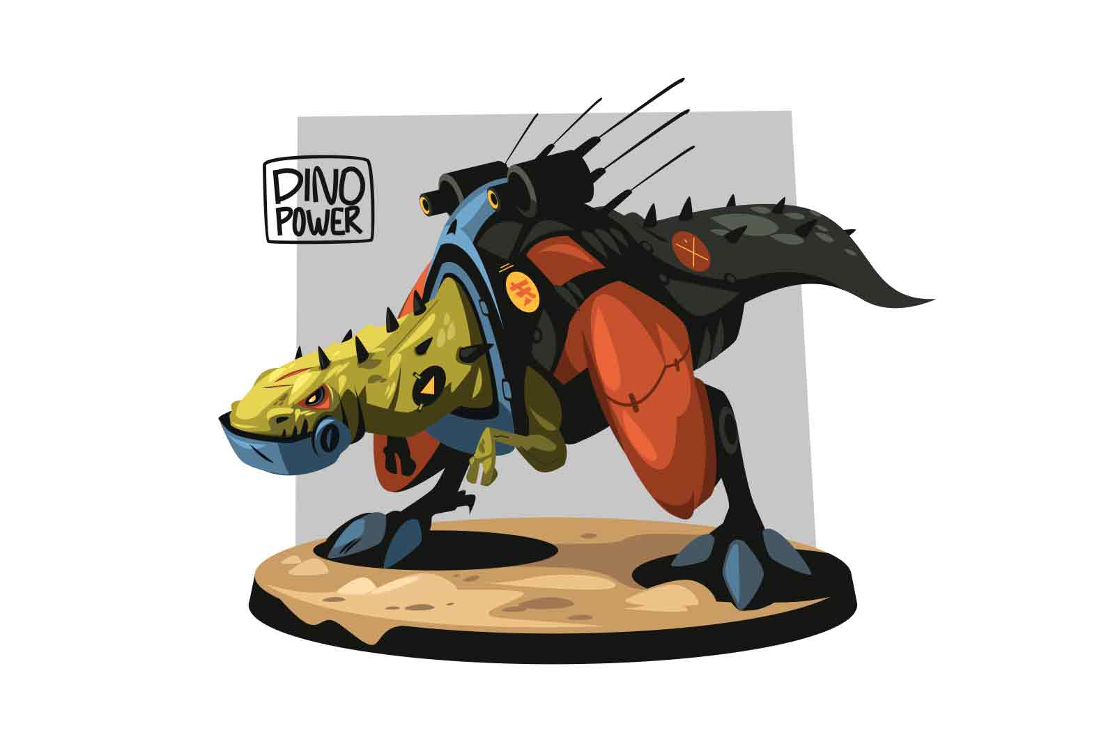 A robot dinosaur with a weapon stands in an aggressive stance, vector illustration