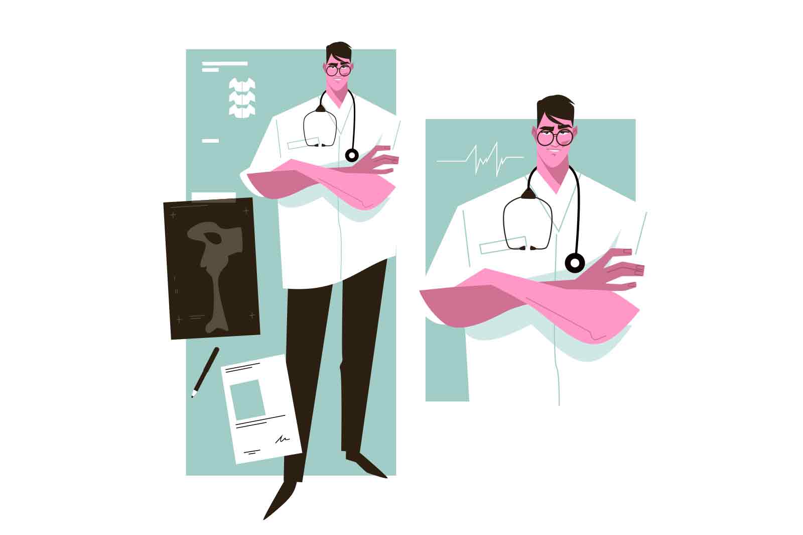 Man doctor with stethoscope and xray picture, vecto rillustration. Medicine and treatment concept.