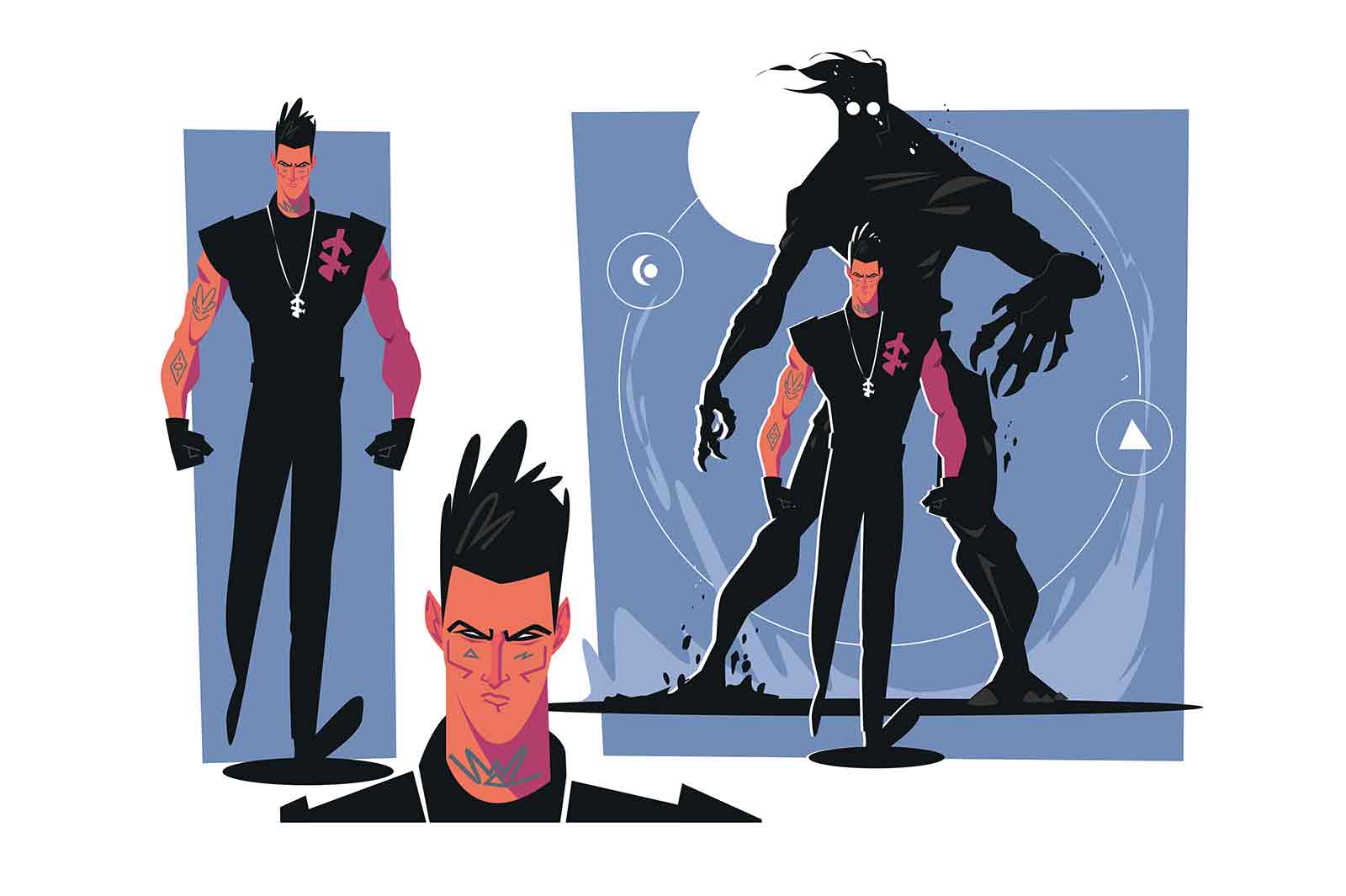 Determined man with daemon behind him, vector illustration.