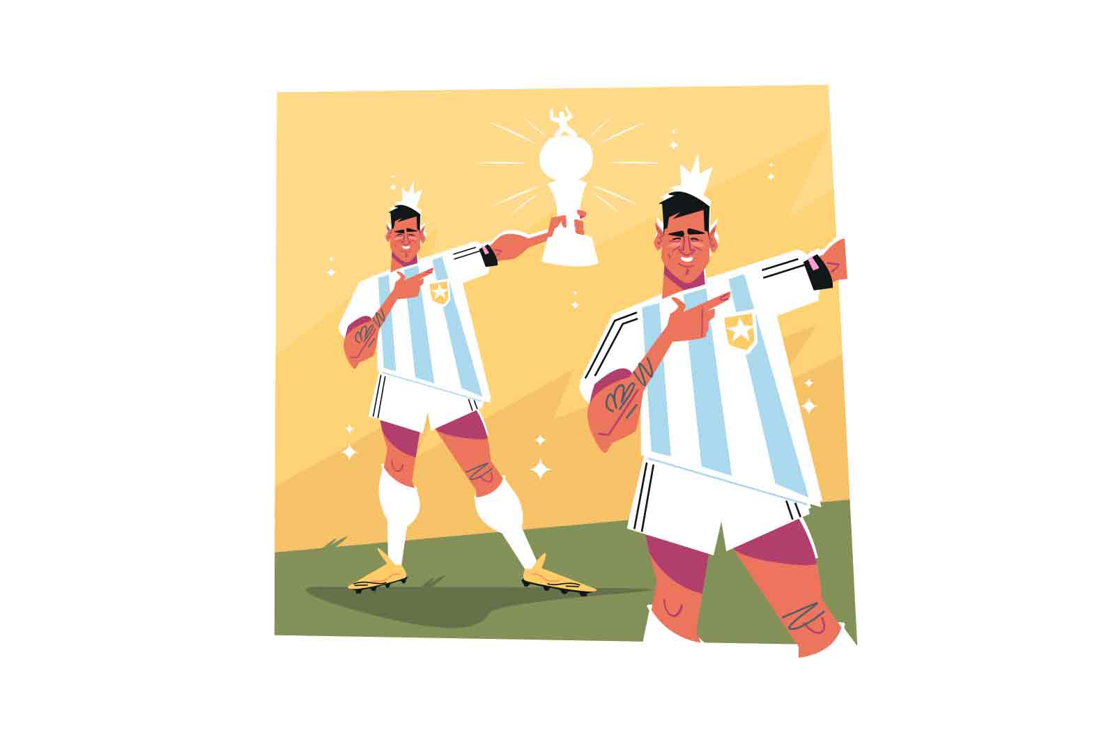 Football player holding a trophy of champion. Athlete on stadium field with trophy, vector illustration.