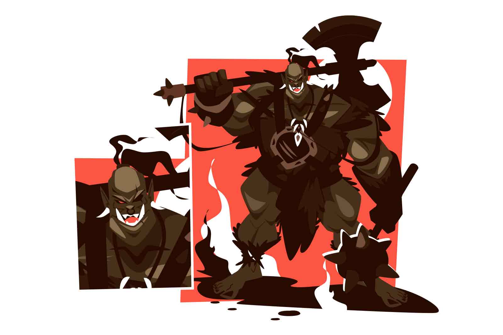Orc character with axe on shoulders, vector illustration.