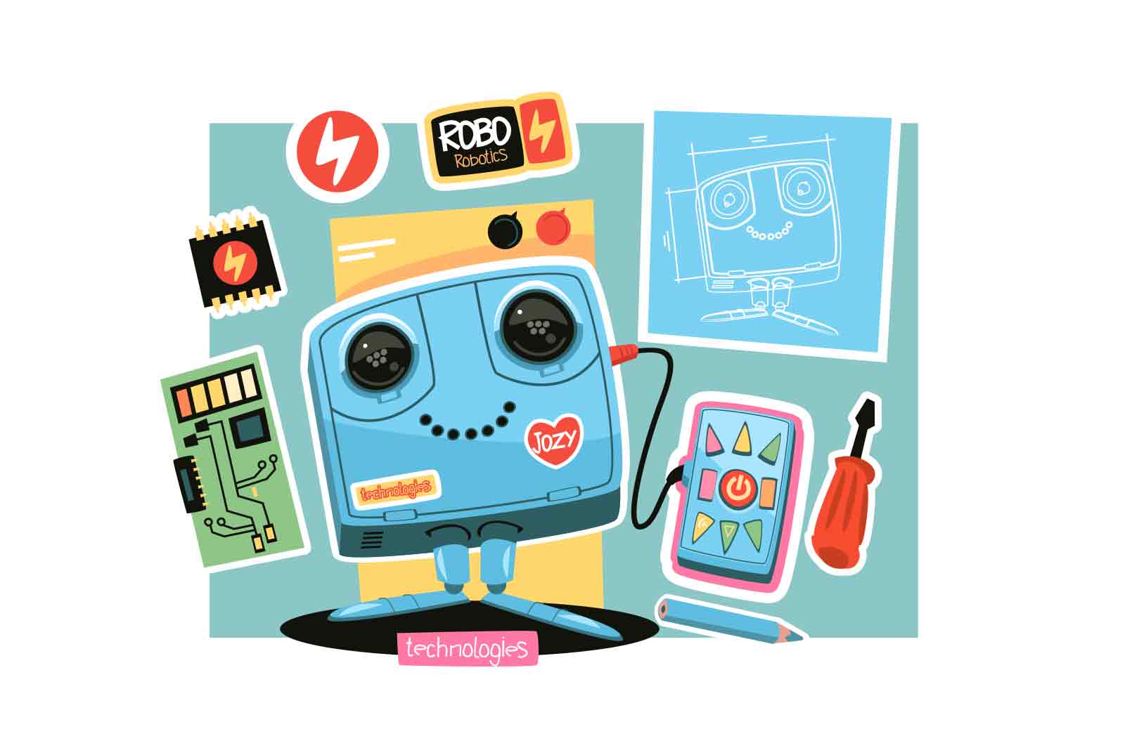 Friendly robot with remote control, vector illustration. Technology, AI and robotics concept.