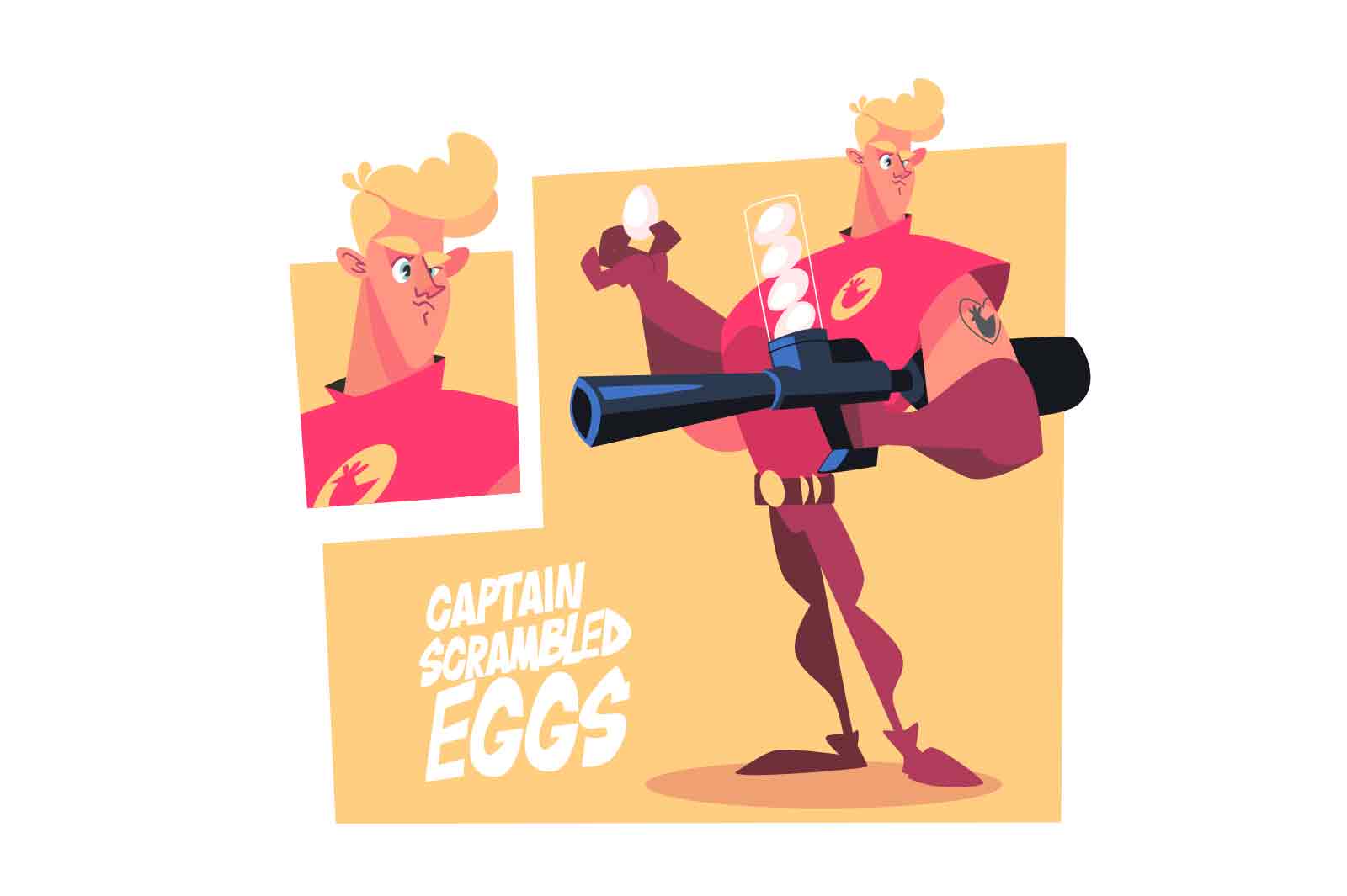 Muscular cartoon man, holds large gun that throws eggs, vector illustration. The character's face appears somewhat confused.
