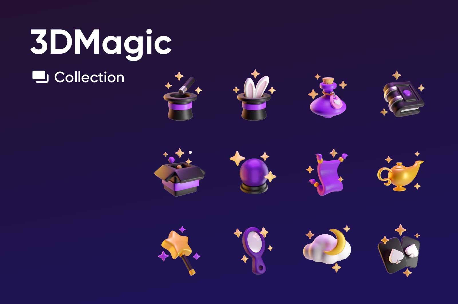 Simple 3D icons of on Magic and Game theme. Transparent PNG, Blender Source files.